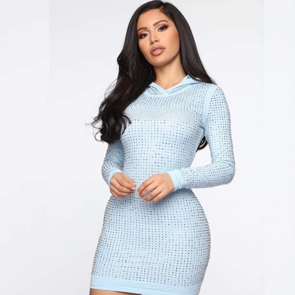 Light Blue Studded Long Sleeve Hooded Dress